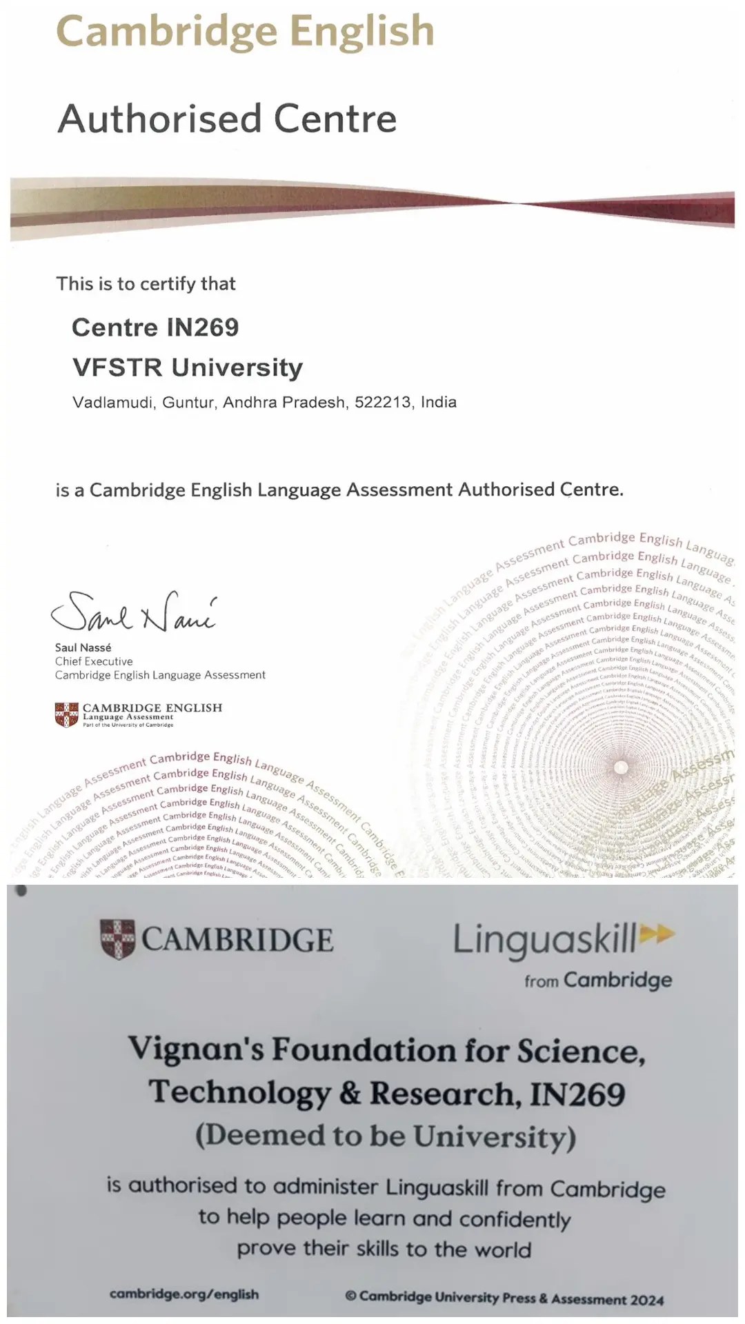 Cambridge English authorised centre certificate for VFSTR IN269